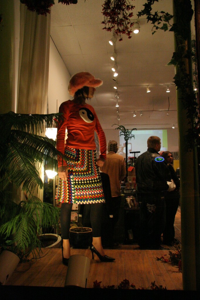 Deanna wearing crochet skirt & Fuzzy T-shirt, by Mona Lucero